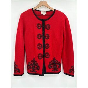 Susan Bristol 100% Worsted Wool Cardigan Women Medium Red Ornate Embroidery VTG